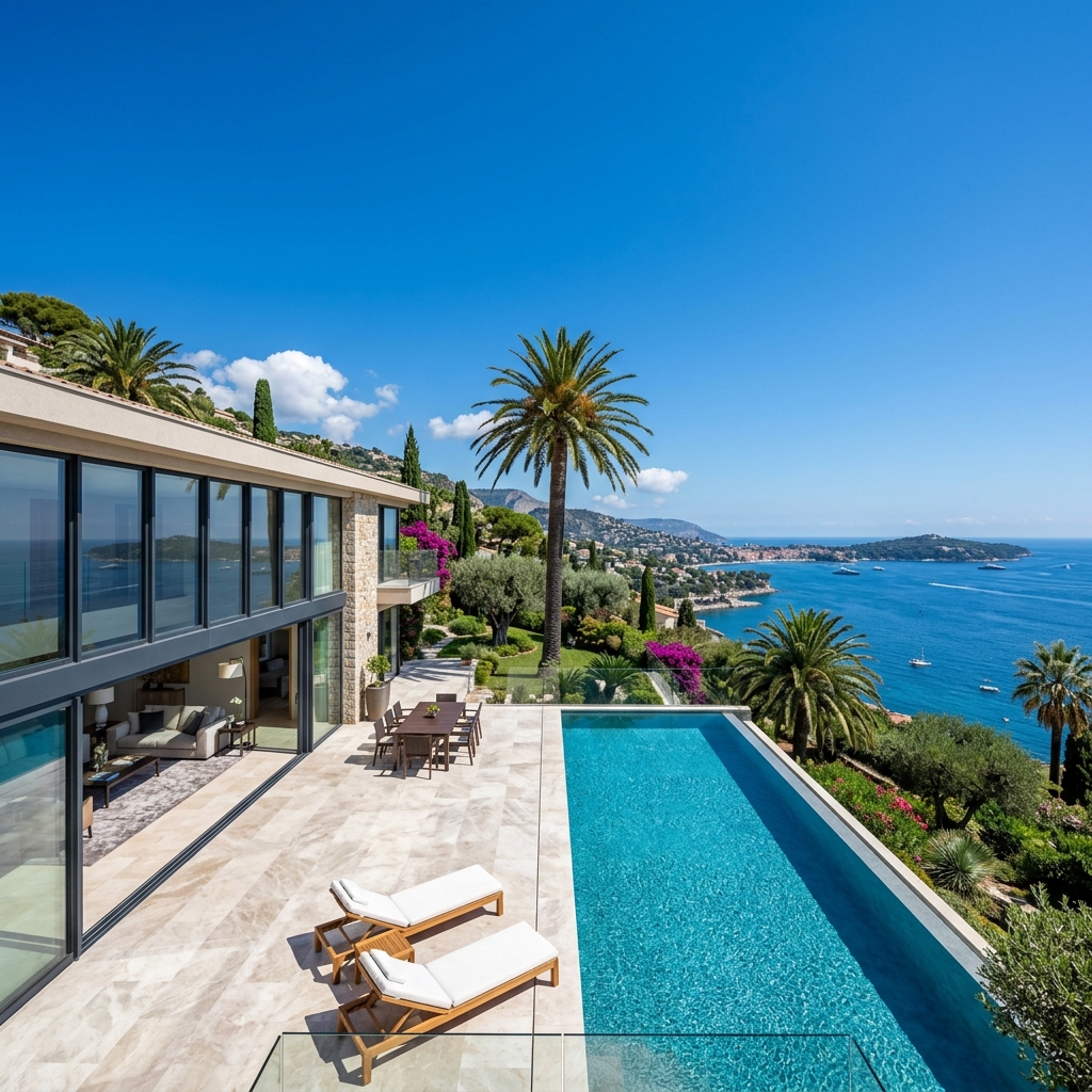 Villa niçoise moderne blanche avec de grandes baies vitrées coulissantes en aluminium noir, terrasse en pierre et piscine avec vue mer panoramique sur la Côte d'Azur sous un ciel bleu azur